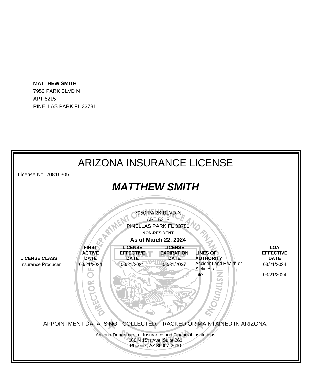 Arizona insurance license (opens the full PDF)