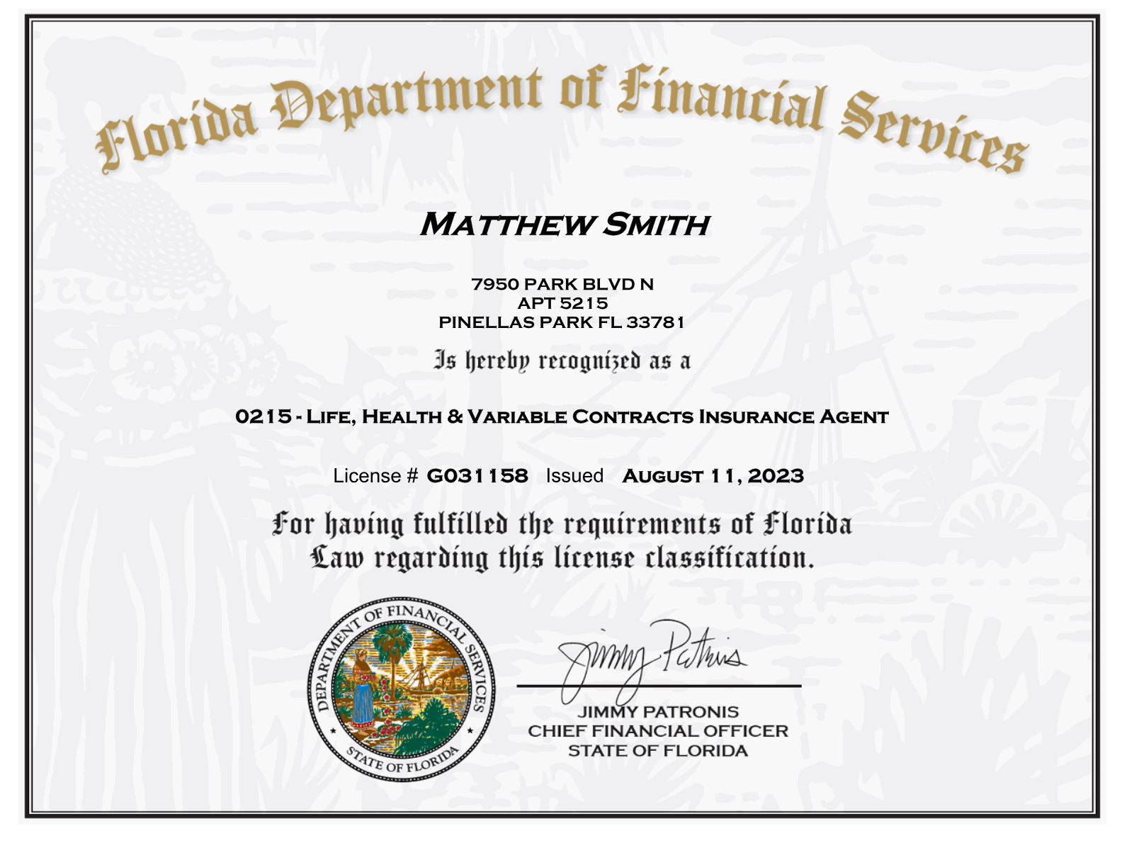 Florida insurance license (opens the full PDF)