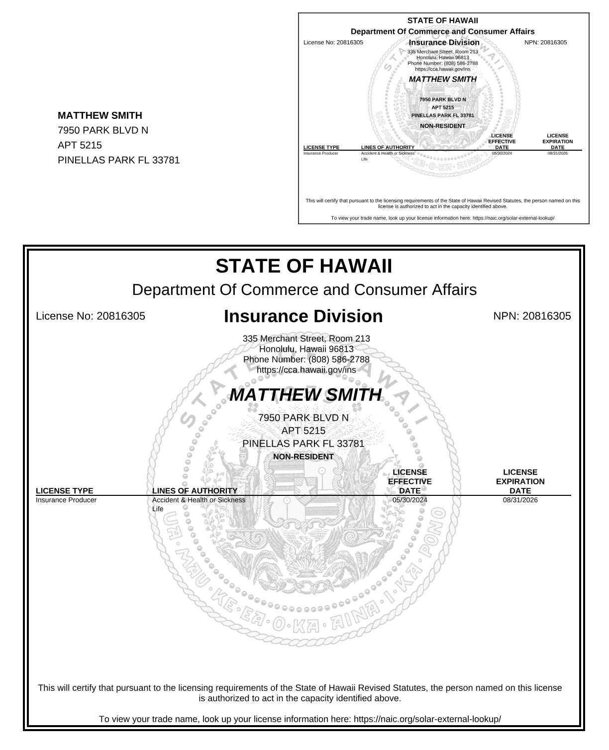 Hawaii insurance license (opens the full PDF)