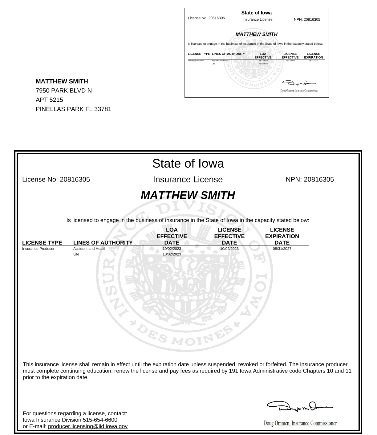Iowa insurance license (opens the full PDF)