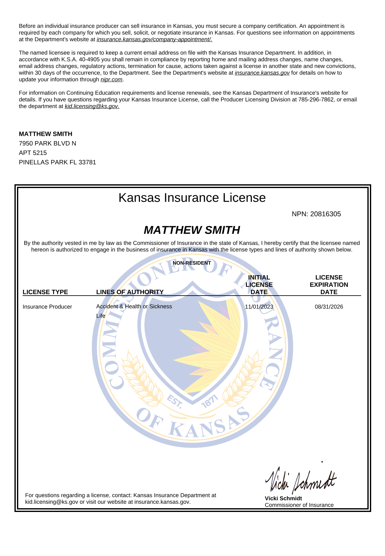 Kansas insurance license (opens the full PDF)