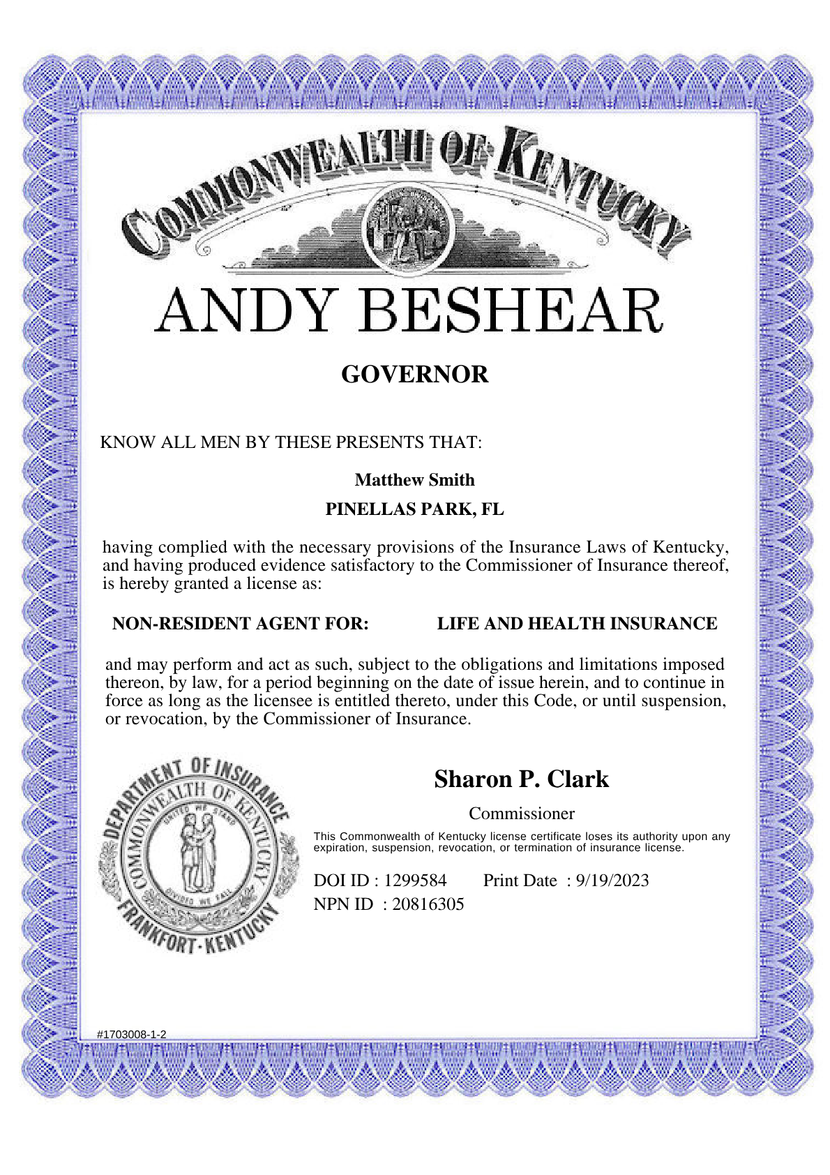 Kentucky insurance license (opens the full PDF)