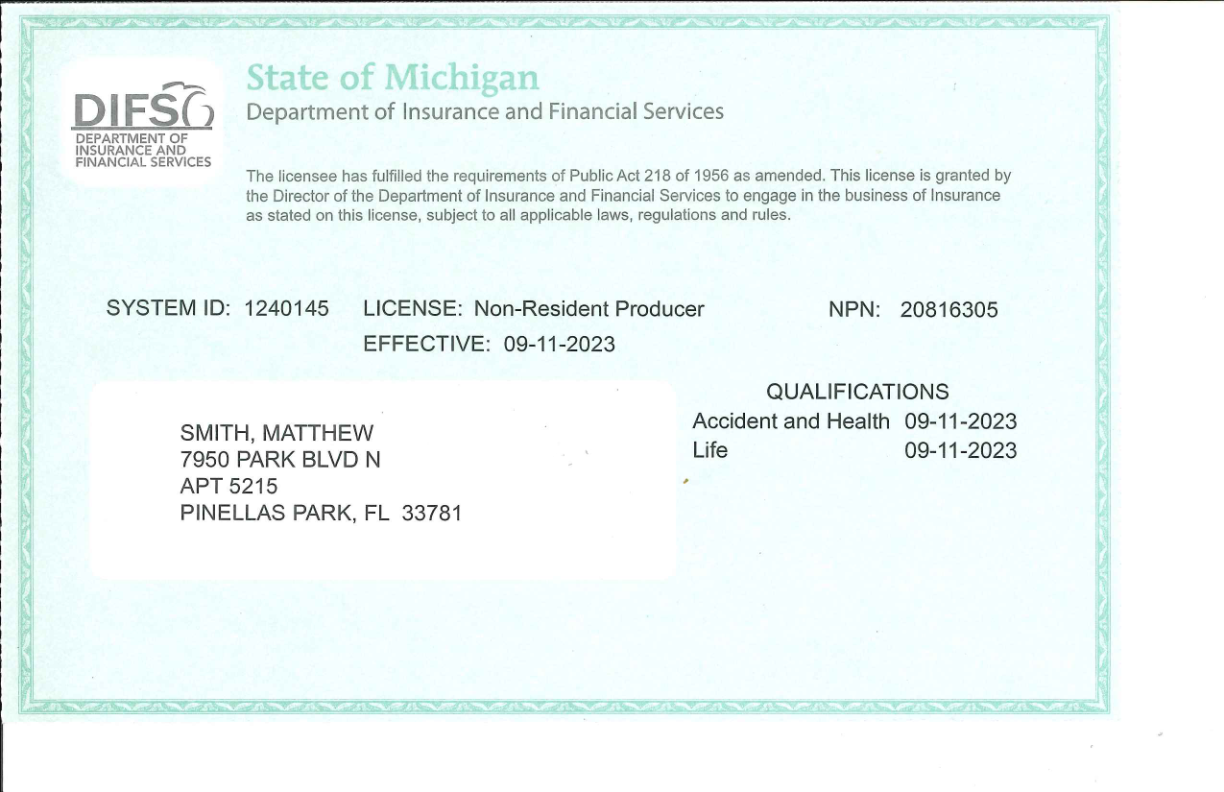 Michigan insurance license (opens the full PDF)