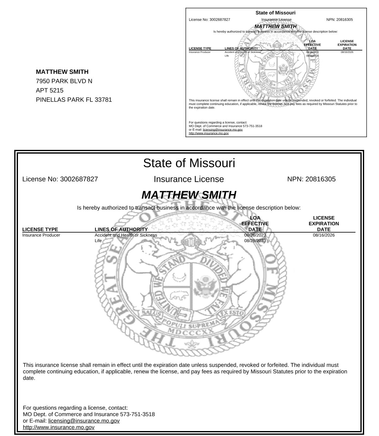 Missouri insurance license (opens the full PDF)