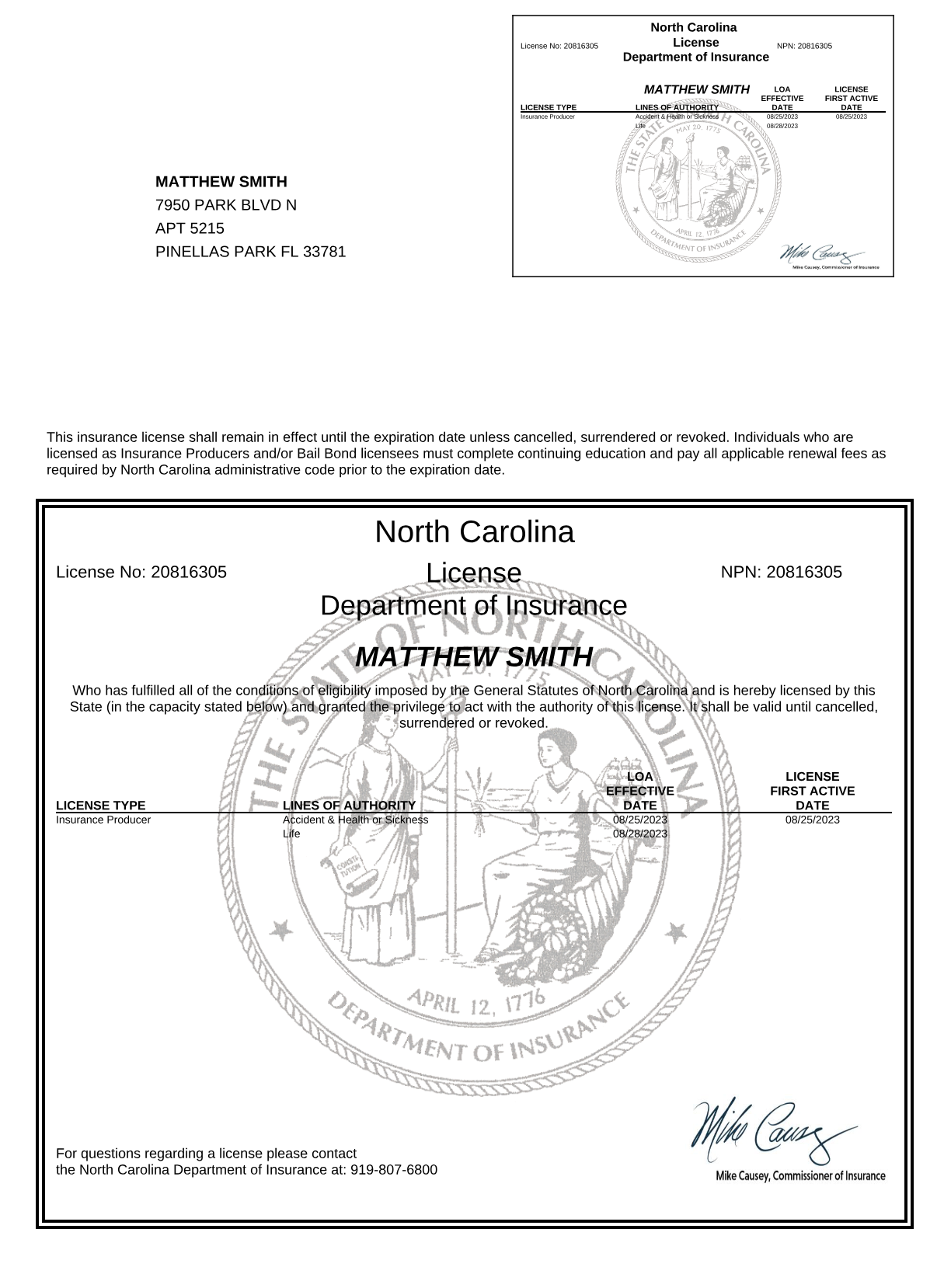 North Carolina insurance license (opens the full PDF)