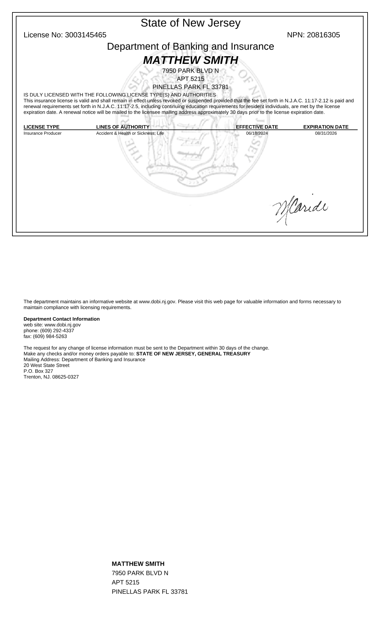 New Jersey insurance license (opens the full PDF)