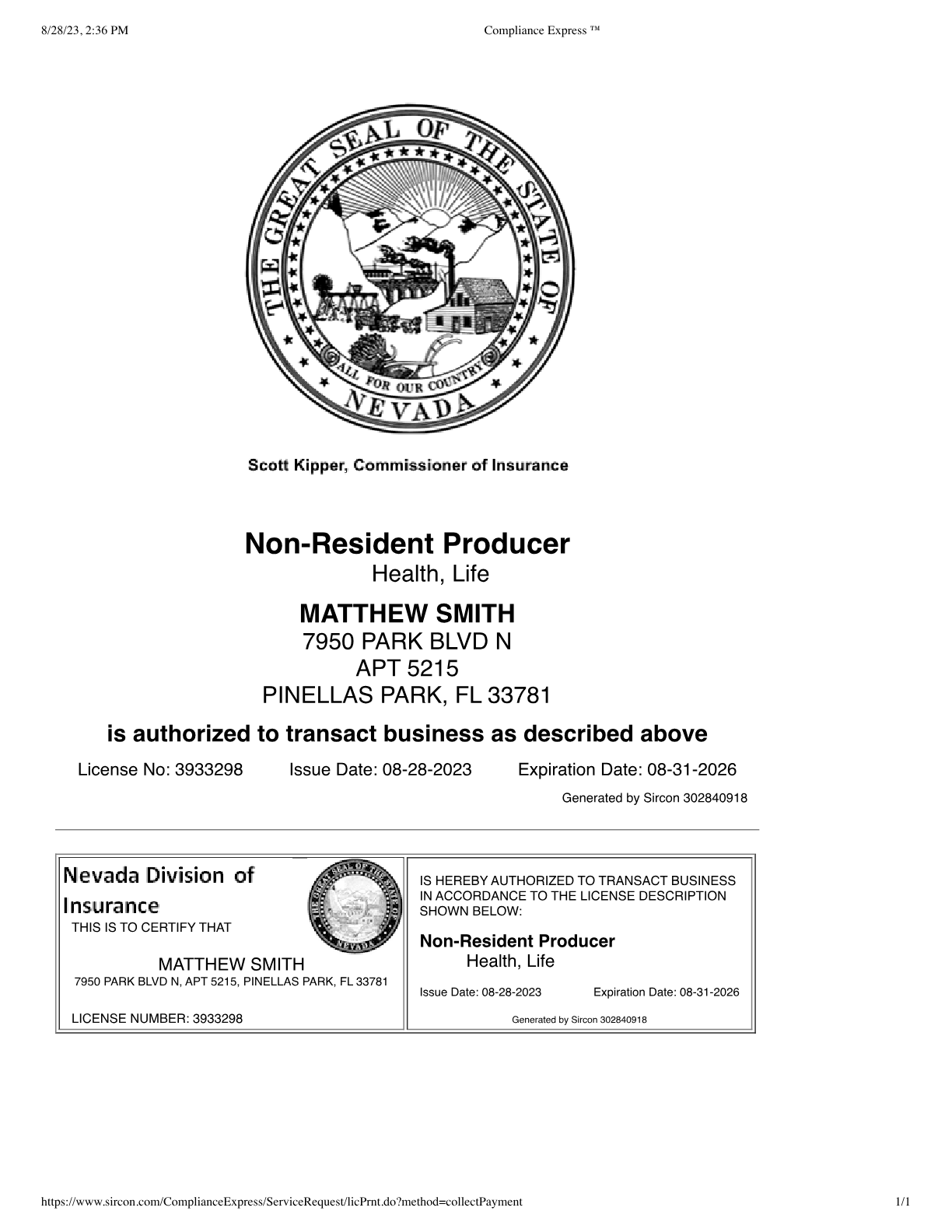 Nevada insurance license (opens the full PDF)