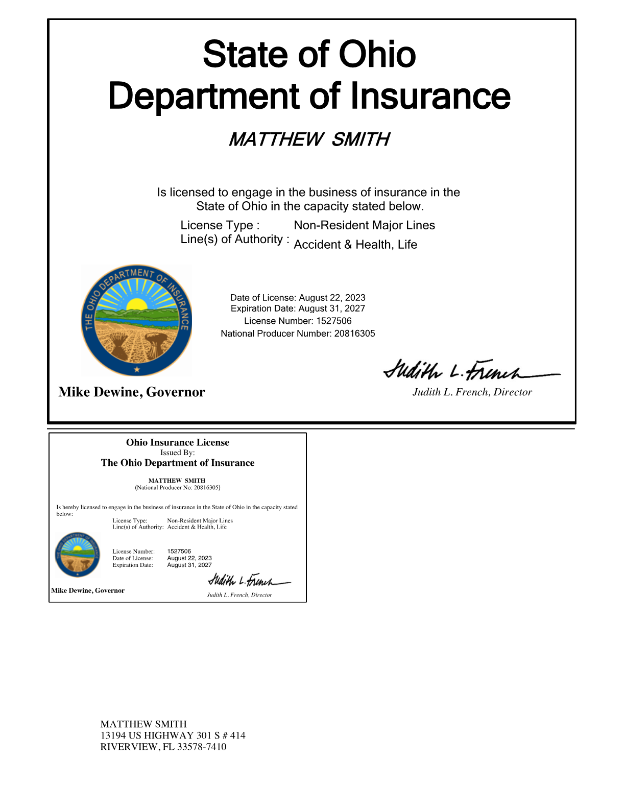 Ohio insurance license (opens the full PDF)