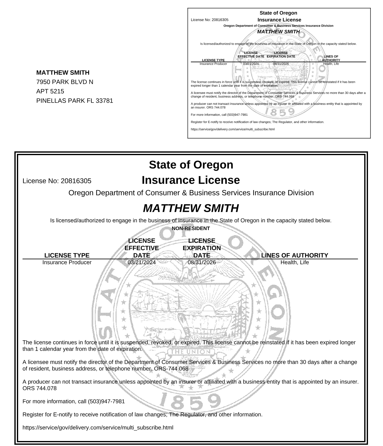 Oregon insurance license (opens the full PDF)