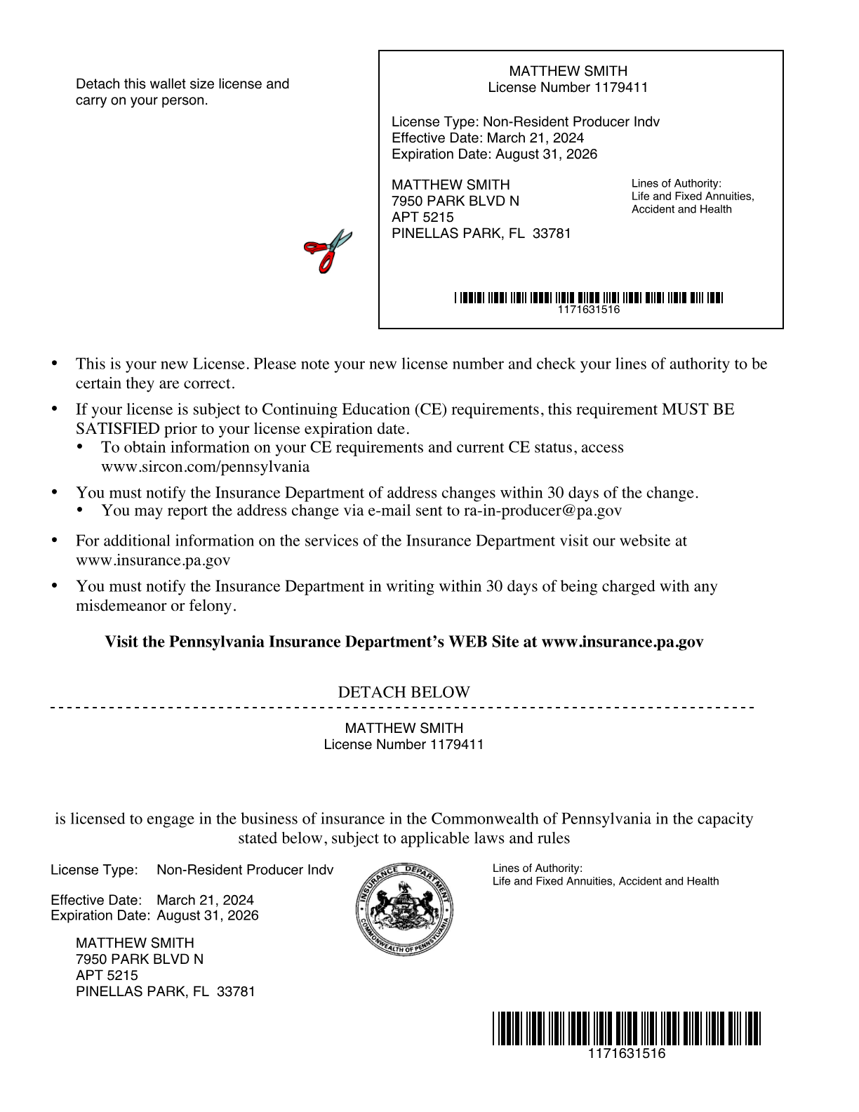 Pennsylvania insurance license (opens the full PDF)