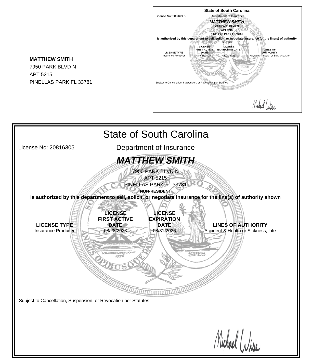 South Carolina insurance license (opens the full PDF)
