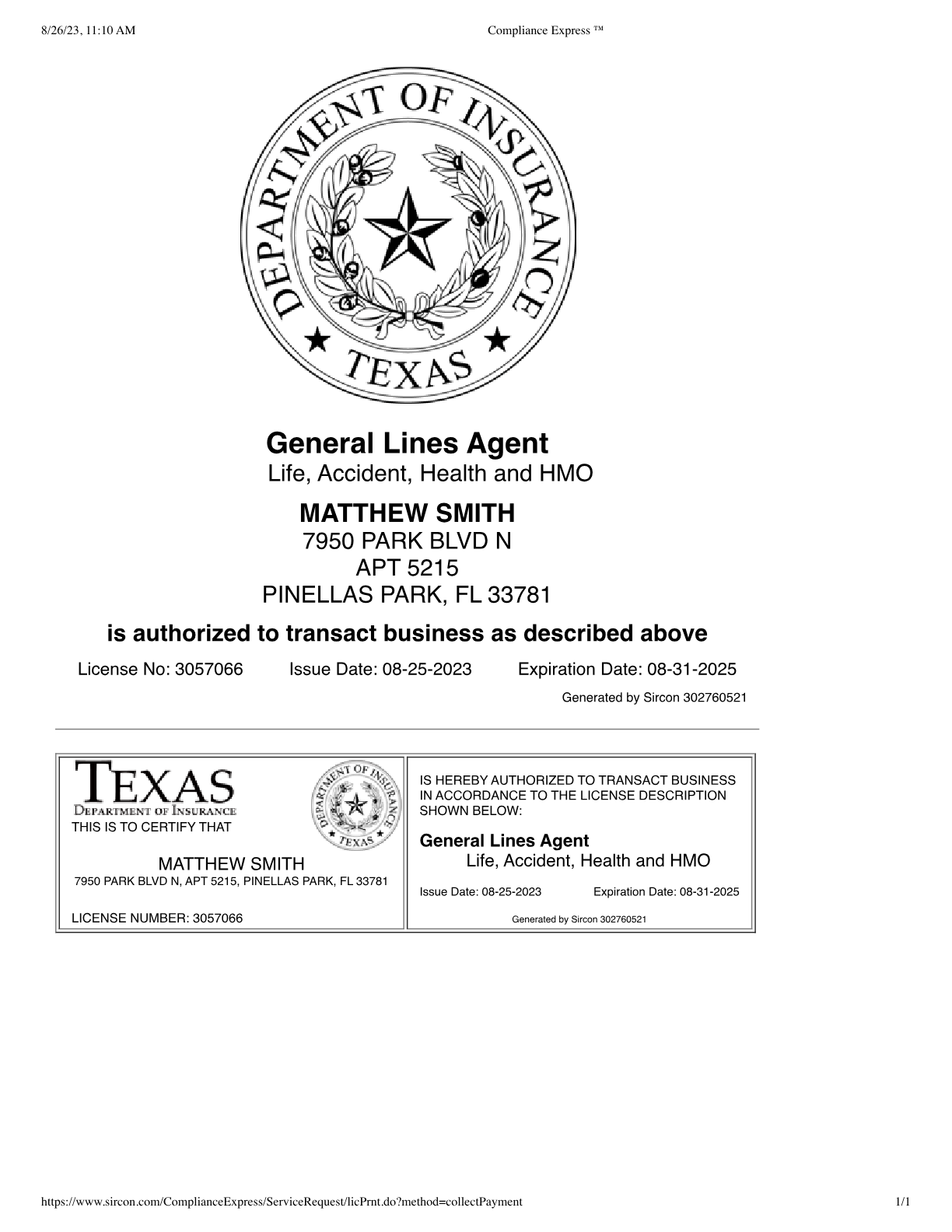 Texas insurance license (opens the full PDF)