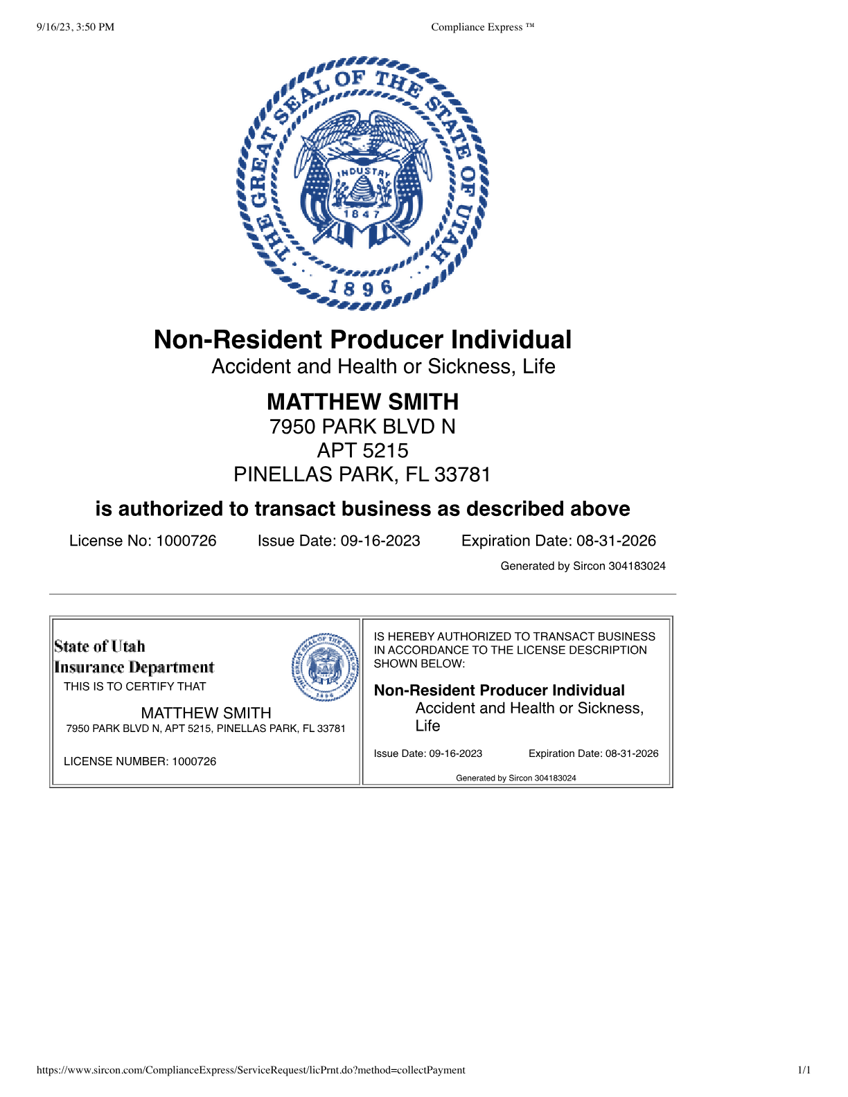 Utah insurance license (opens the full PDF)