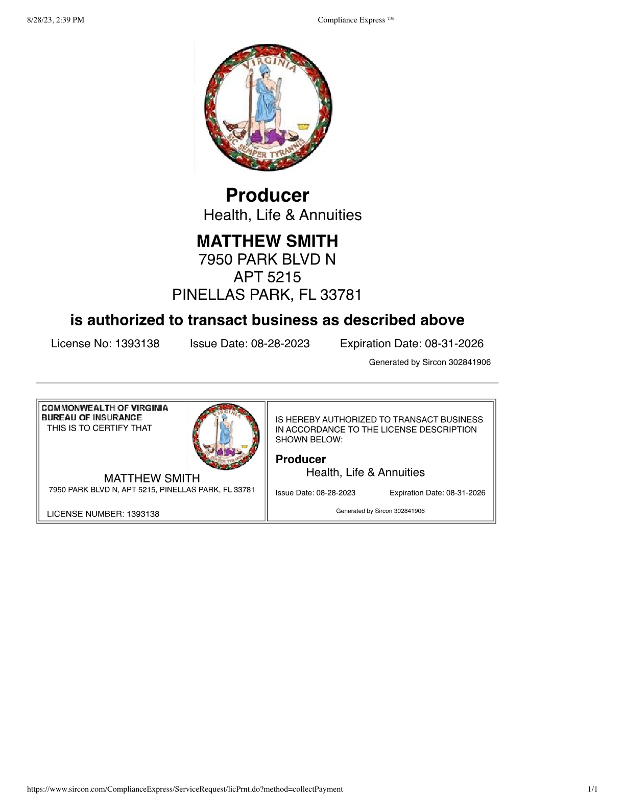 Virginia insurance license (opens the full PDF)