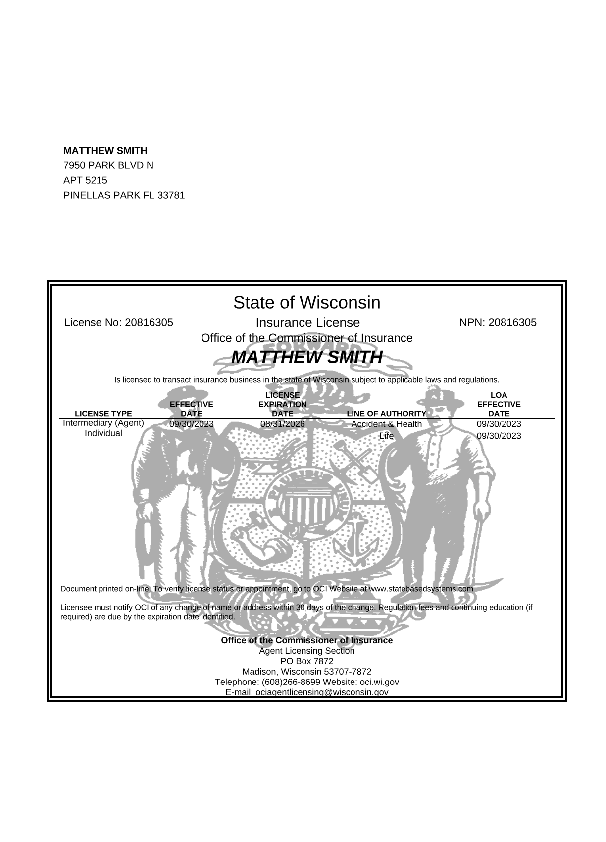 Wisconsin insurance license (opens the full PDF)