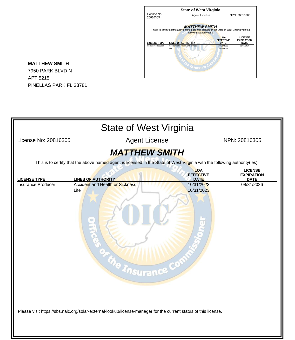 West Virginia insurance license (opens the full PDF)